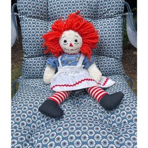 Vintage Raggedy Ann Doll with White Smock and Blue Dress, Optional Free Scarf